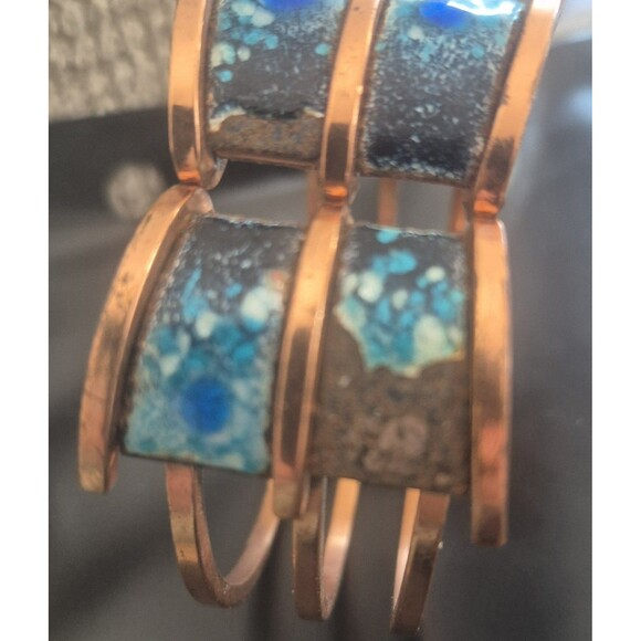Renoir Matisse Copper Blue Enamel Clamper Bracelet Enamel Loss & Earrings Set - Picture 4 of 6